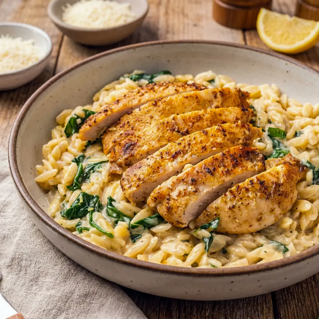 Close-up of juicy chicken thighs nestled in Baked Chicken Orzo, a cozy twist on classic oven chicken.