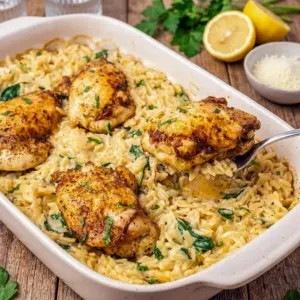 Creamy Baked Chicken Orzo in a baking dish with melted cheese, one of the best boursin recipes you'll try.