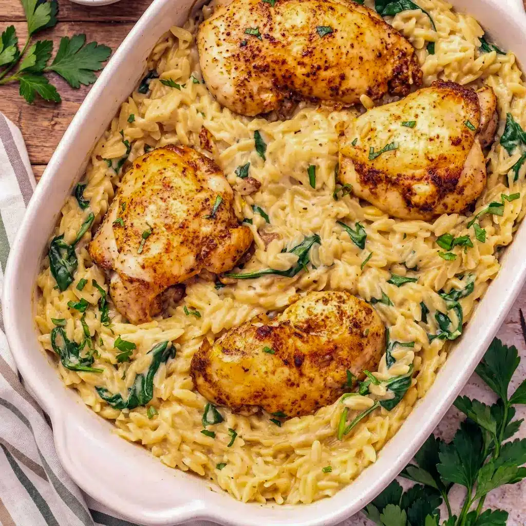 A bowl of Baked Chicken Orzo garnished with parsley and lemon zest, one of the most satisfying orzo dishes around.