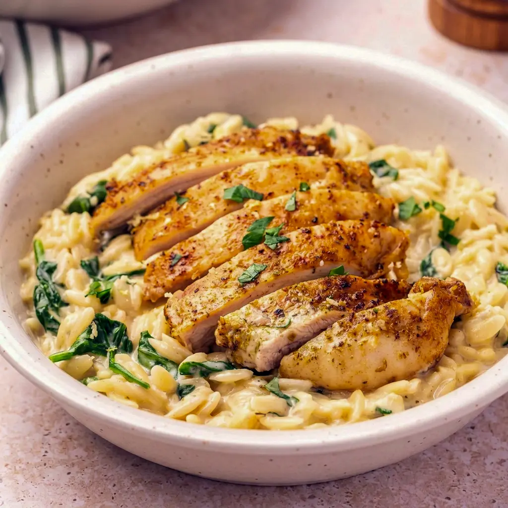 Sliced chicken over creamy Baked Chicken Orzo, made easily with baked chicken breast for a lighter option.