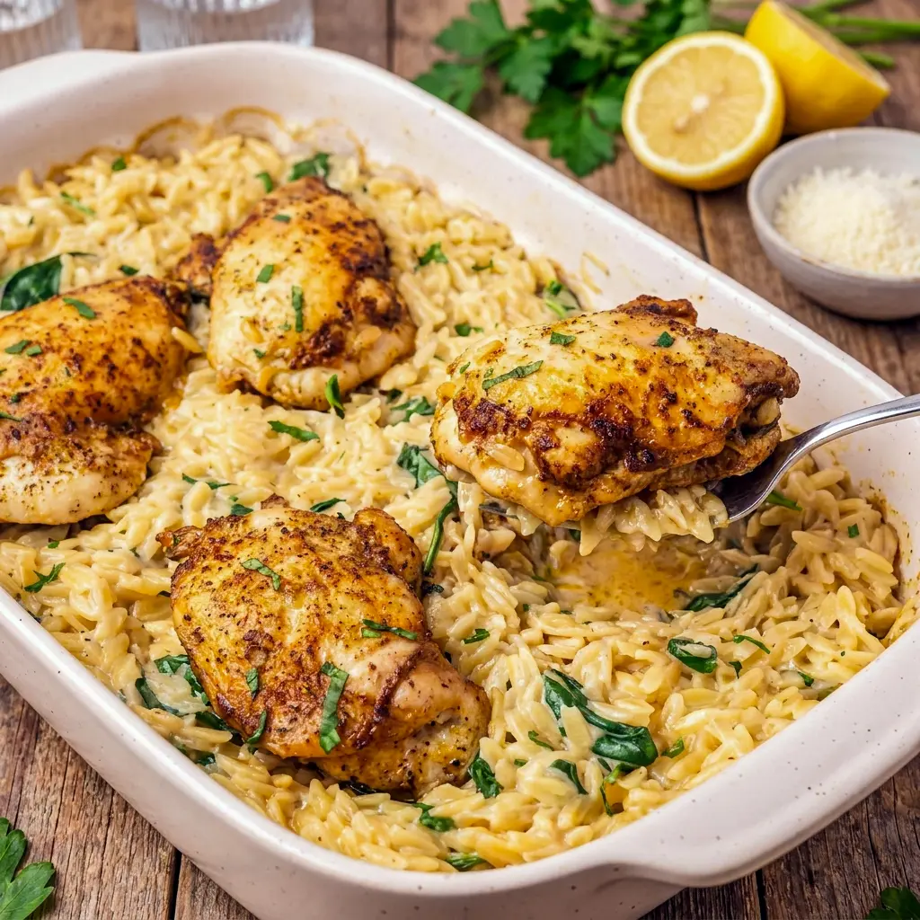 Creamy Baked Chicken Orzo in a baking dish with melted cheese, one of the best boursin recipes you'll try.