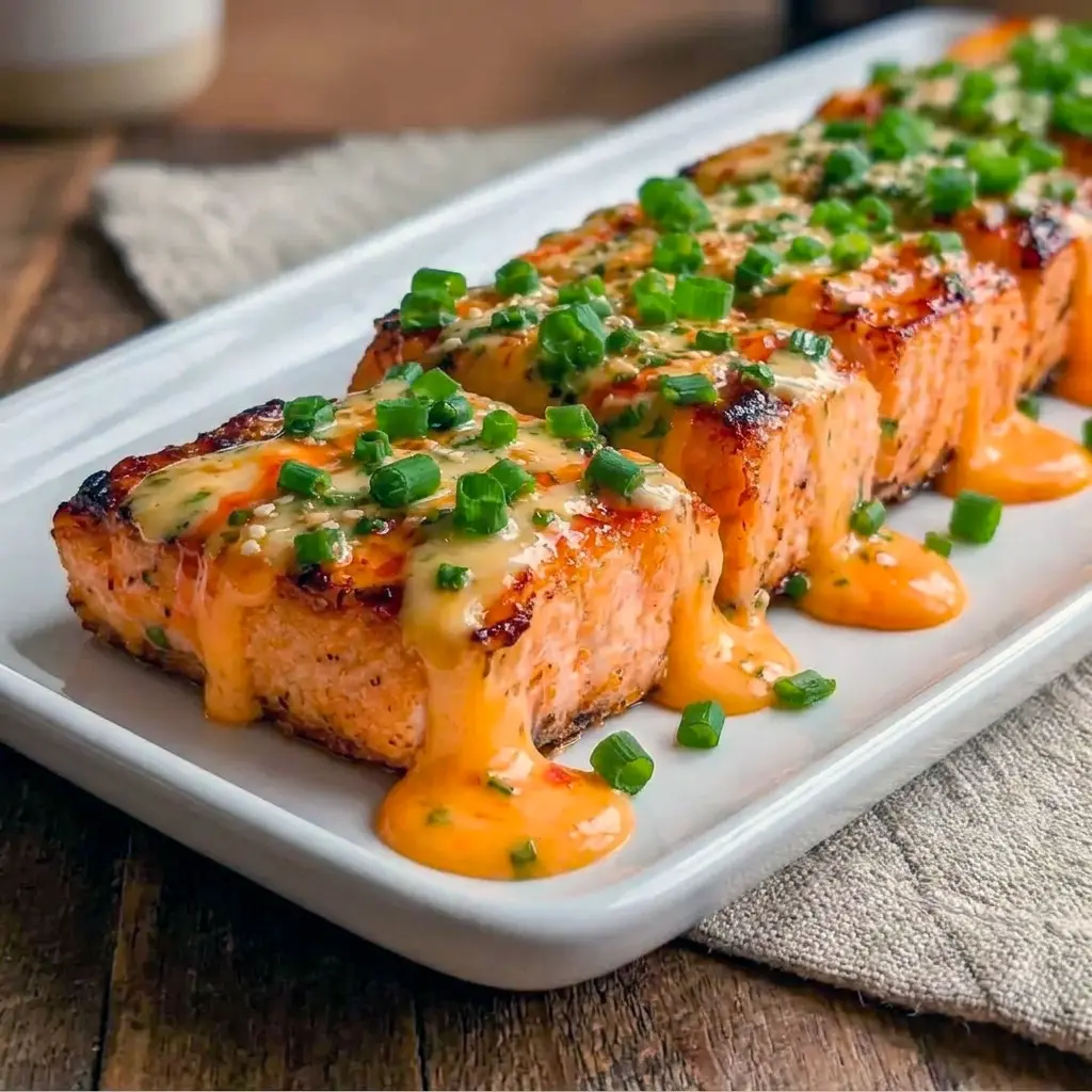 Oven-baked Bang Bang Salmon topped with sliced green onions, perfect for Quick Salmon Meals on busy evenings.