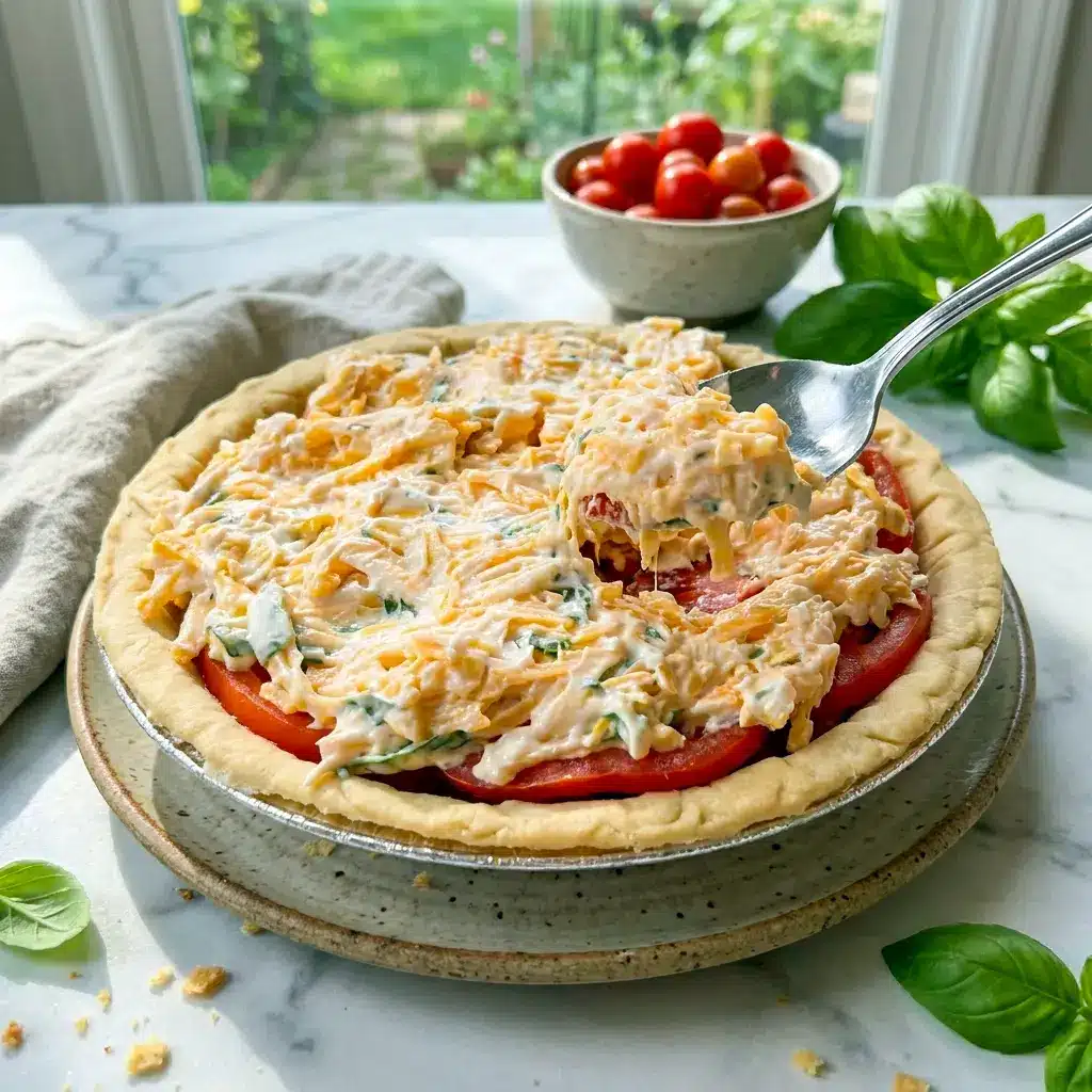 A single slice of Best Southern Tomato Pie on a plate, an easy recipe for tomato pie perfect for using up garden tomatoes.