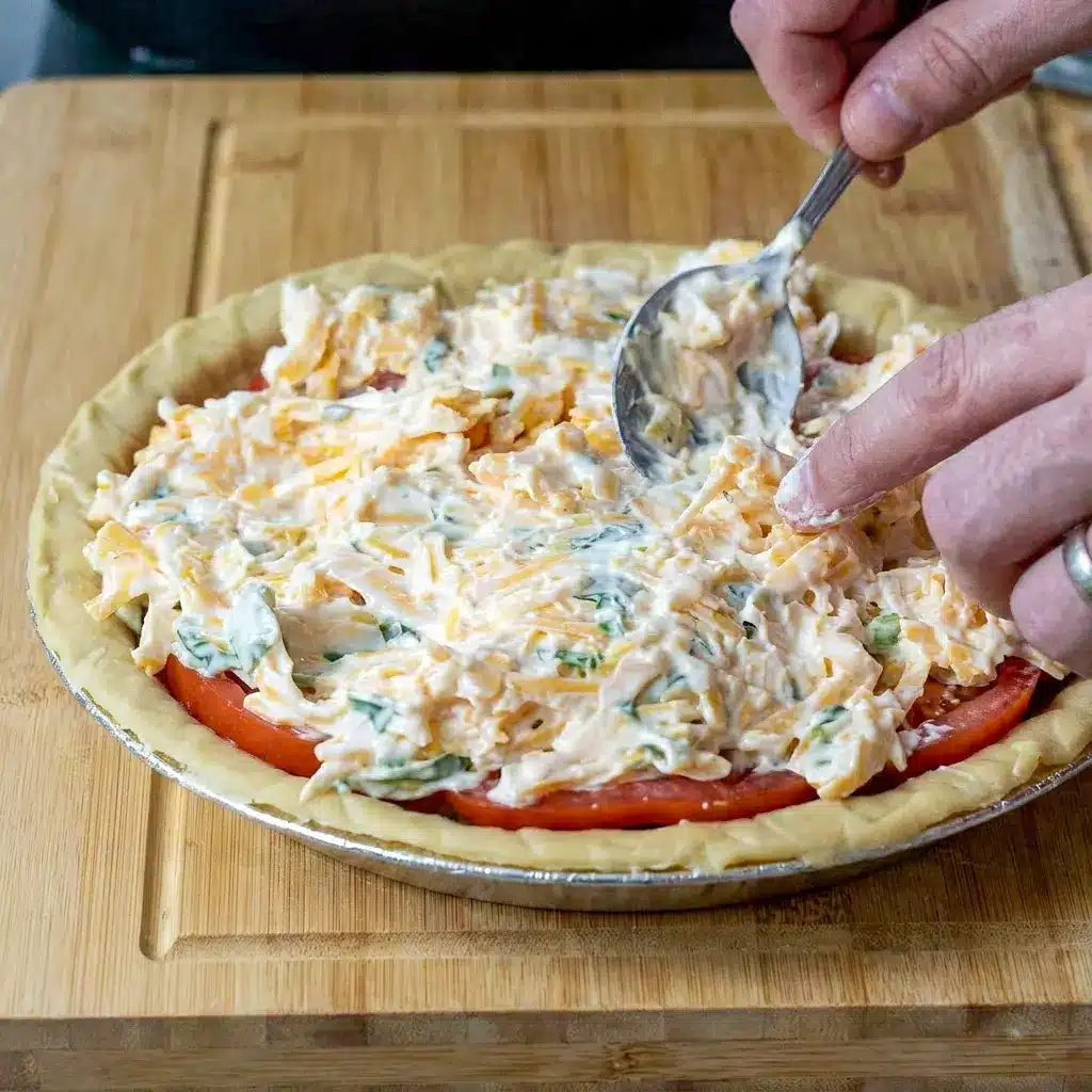 Close-up of the cheesy topping on Best Southern Tomato Pie, proof this is truly a classic southern tomato pie.