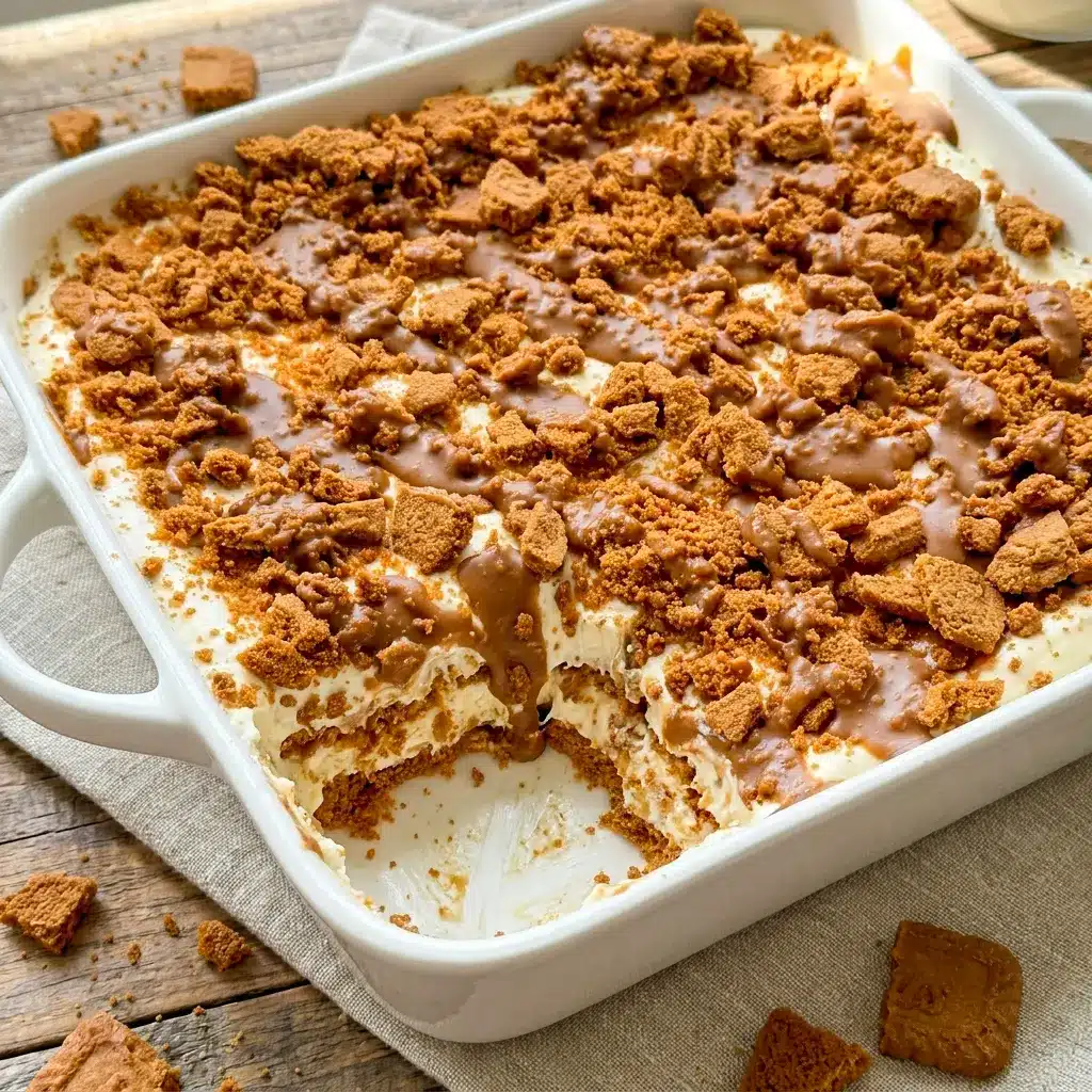 Overhead shot of Biscoff Layer Dessert drizzled with melted cookie butter, one of the best recipe with cookie butter ideas.