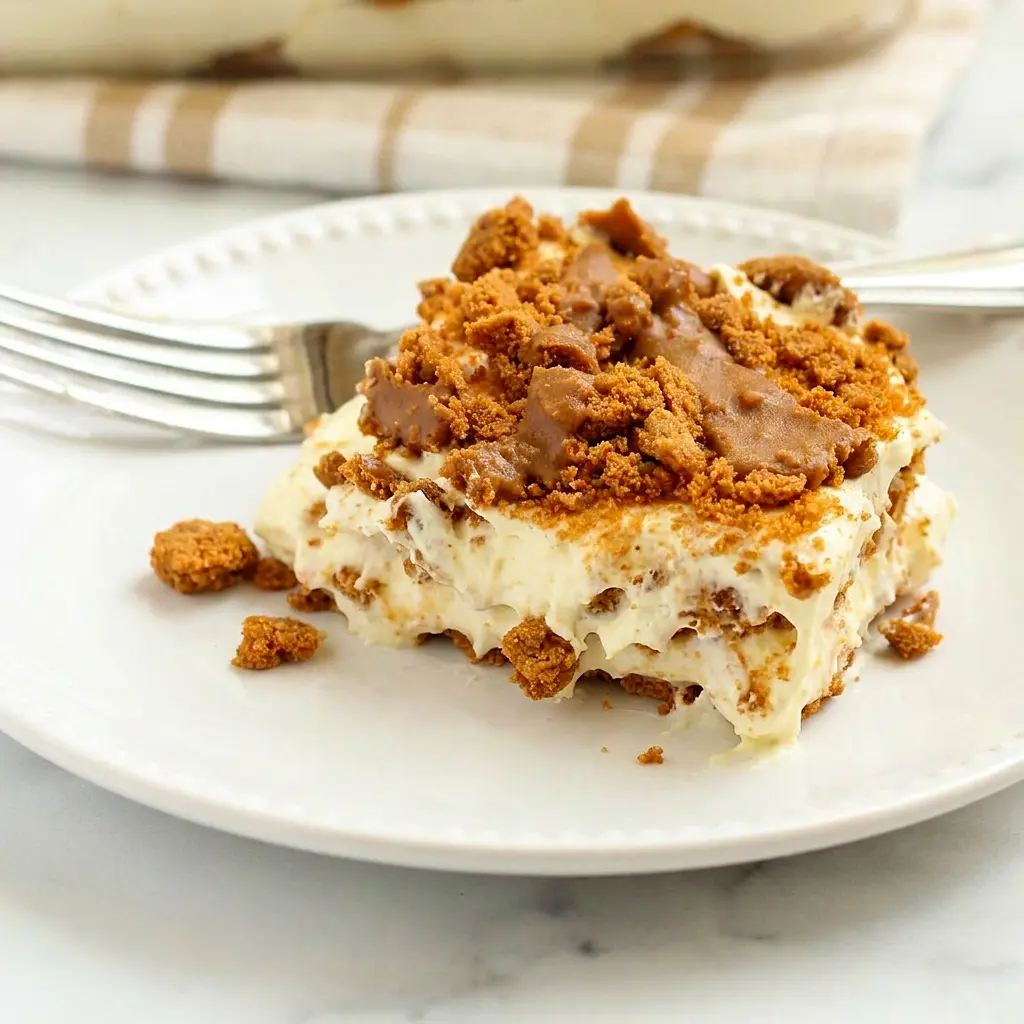 Close-up of a Biscoff Layer Dessert slice with crushed cookies on top, a rich and creamy biscoff cheesecake dessert.