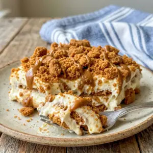 Sliced Biscoff Layer Dessert showing distinct cookie and pudding layers, a true no bake biscoff layered delight.