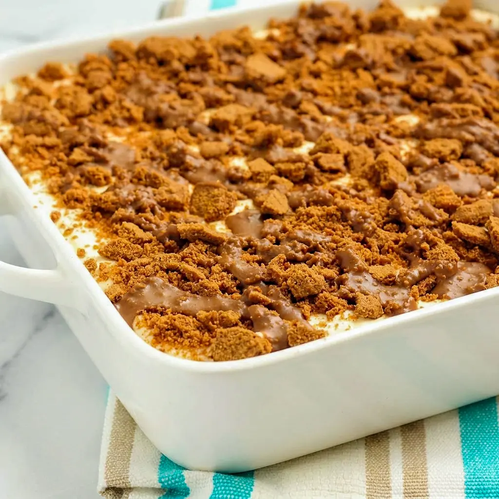 A pan of Biscoff Layer Dessert fresh from the fridge, tall layers making it feel like a biscoff lasagna dessert.