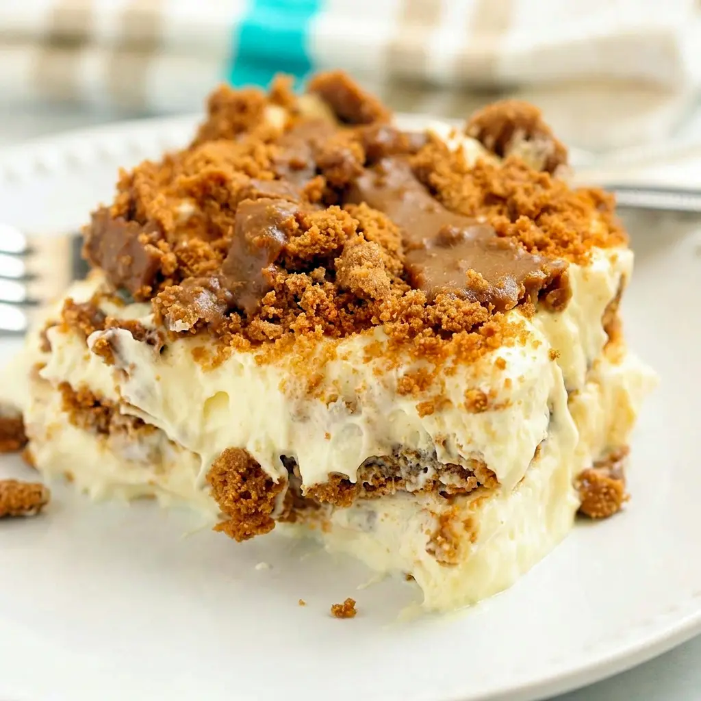 Spoonful of Biscoff Layer Dessert revealing the creamy filling, made with real biscoff cream cheese richness.