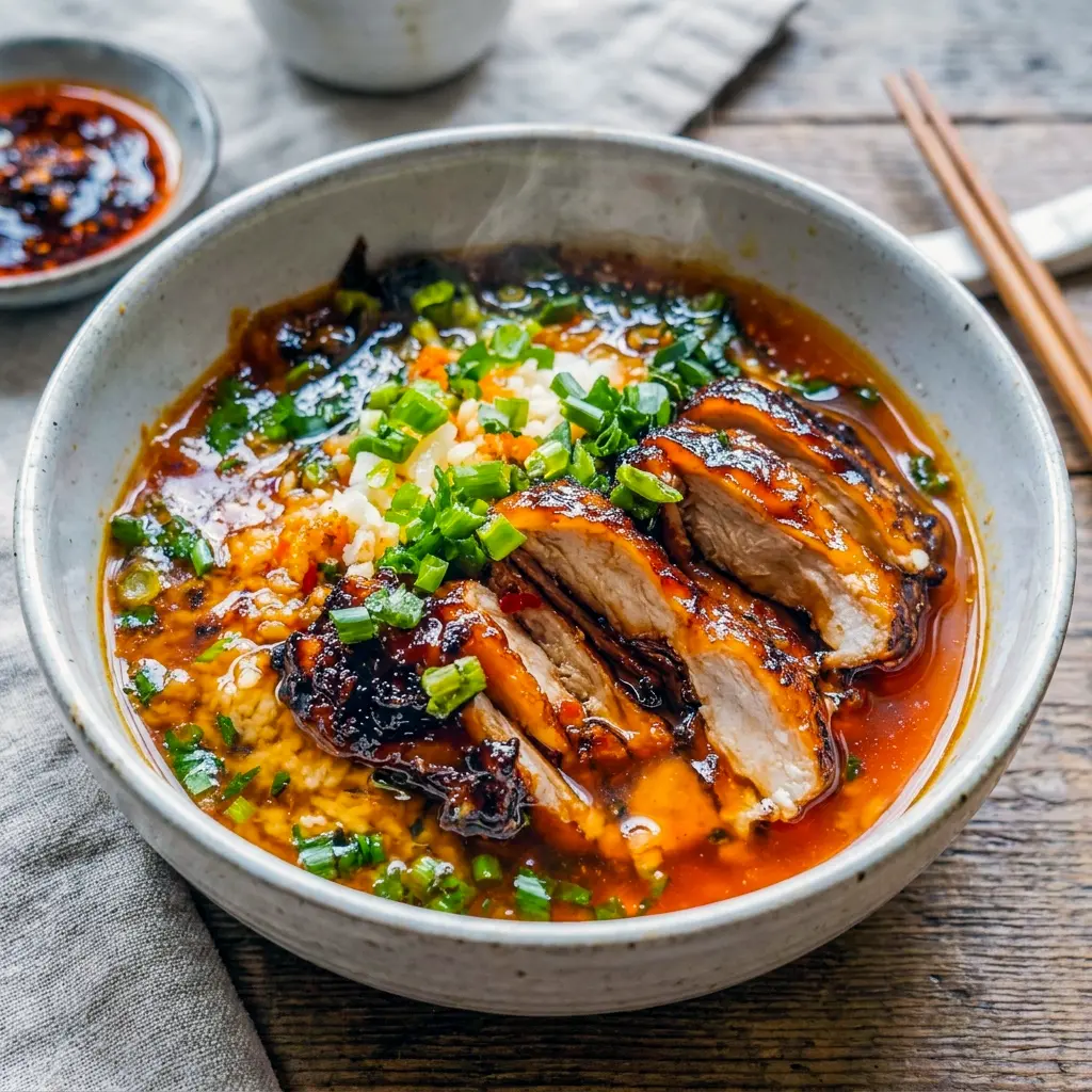 Overhead shot of Caramelized Soy Chicken served over jasmine rice, inspired by classic asian cooking.