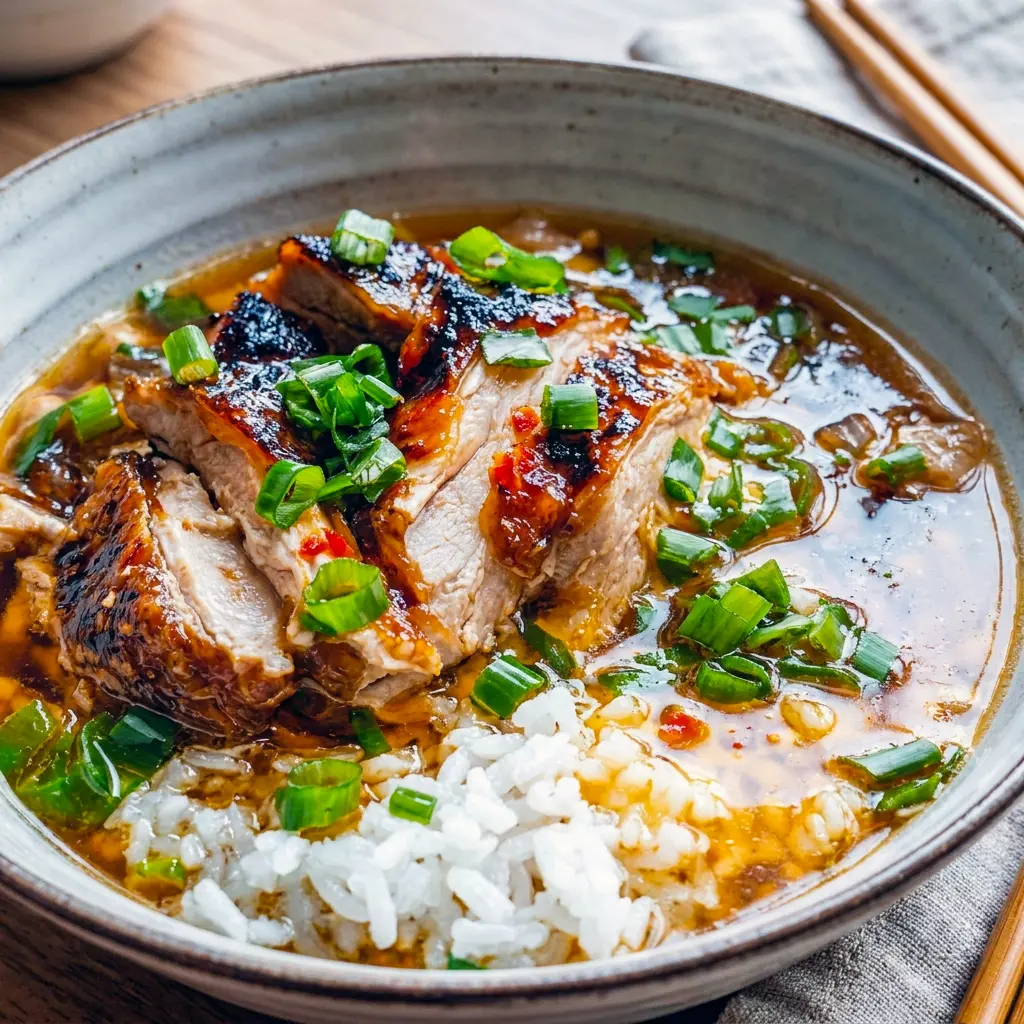 Glossy, seared Caramelized Soy Chicken in a bowl of broth, a comforting choice among chicken dinner recipes.