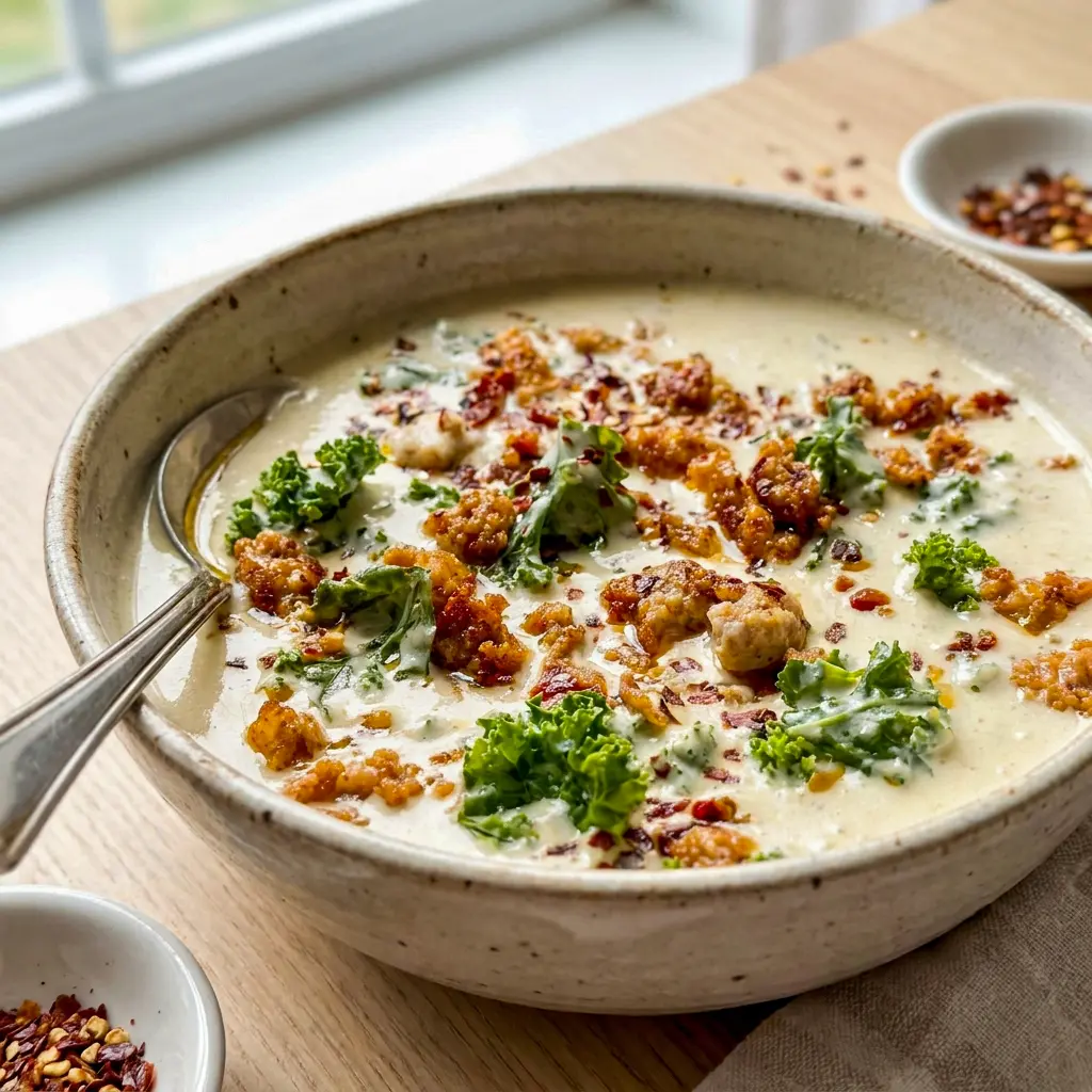 Overhead shot of Cauliflower Sausage Kale Soup with crispy bacon bits, one of the best italian sausage cauliflower soup recipes.
