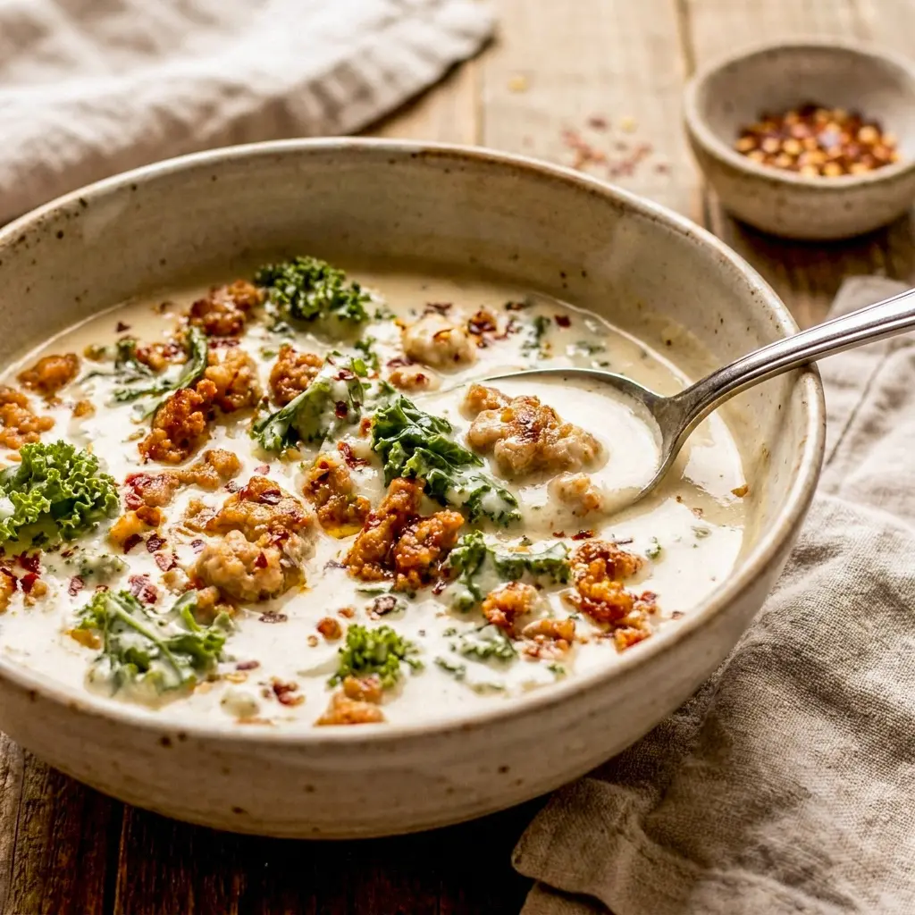 Close-up ladle of Cauliflower Sausage Kale Soup showing wilted kale and sausage, a hearty sausage and cauliflower soup.