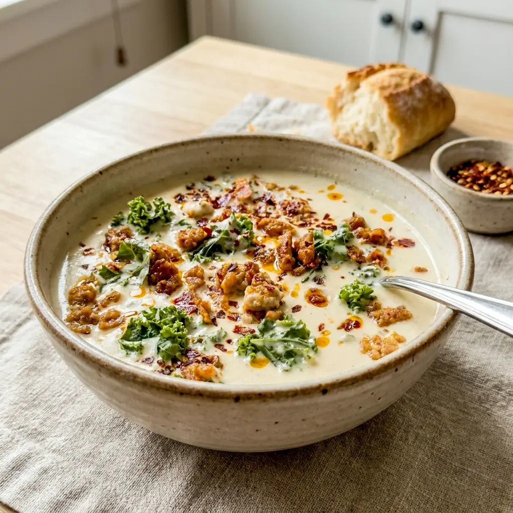 A bowl of Cauliflower Sausage Kale Soup served with crusty bread, this creamy cauliflower soup with sausage makes a full meal.