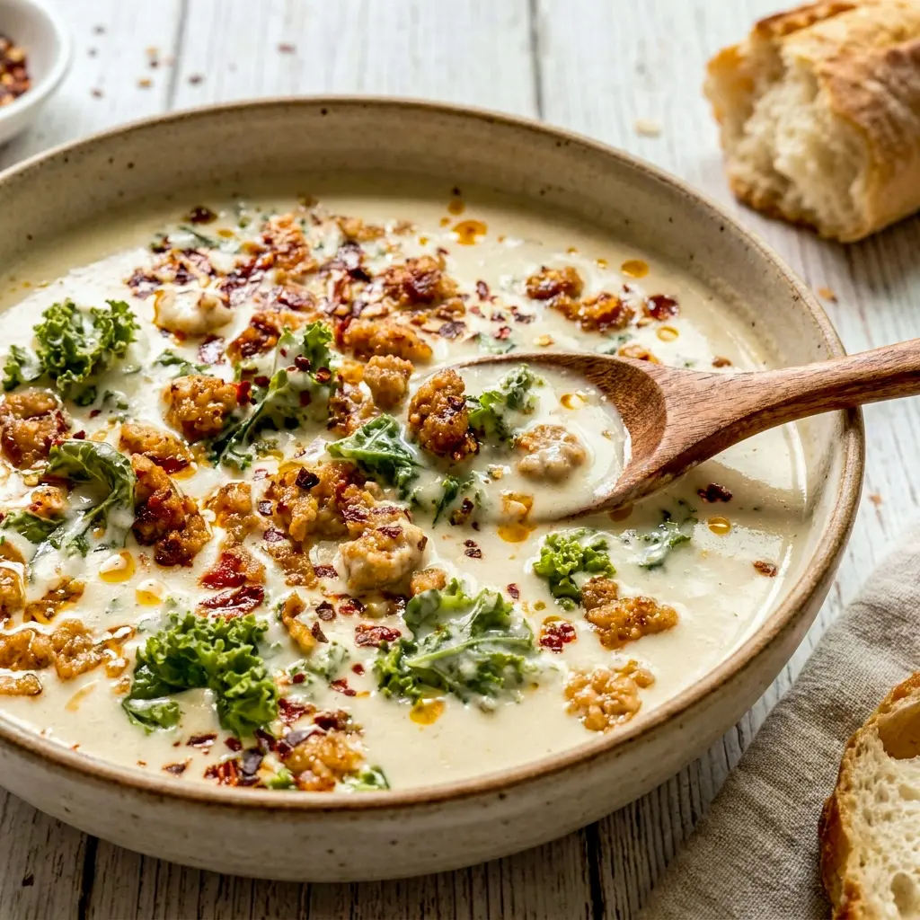 Cauliflower Sausage Kale Soup finished with grated parmesan, a delicious parmesan sausage kale soup variation.