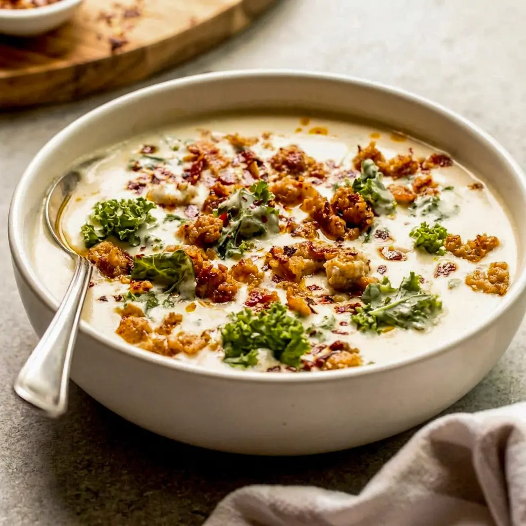 A creamy bowl of Cauliflower Sausage Kale Soup topped with red pepper flakes, a cozy twist on cauliflower zuppa toscana.