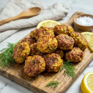 Golden Cheesy Garlic Zucchini Bites piled on a plate with a bowl of ranch, one of the best vegetarian zucchini snacks for movie night.