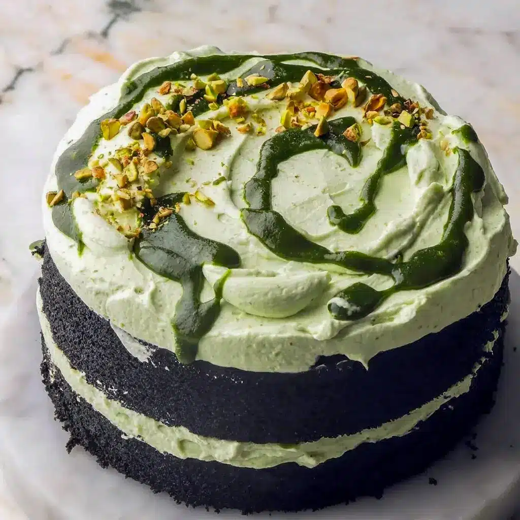 A whole Chocolate Pistachio Cake frosted in pale green cream, one of the prettiest trending cake ideas on the table.