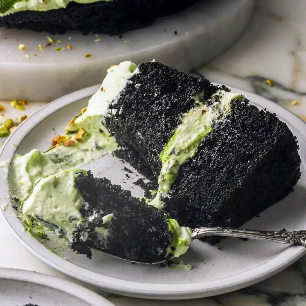 Close-up of a Chocolate Pistachio Cake slice with a thick pistachio cream center, a true pistachio mascarpone layer cake.