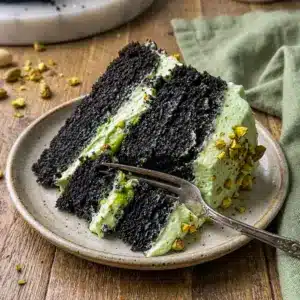 Sliced Chocolate Pistachio Cake revealing dark layers made with black cocoa, showing off its rich, fudgy crumb.