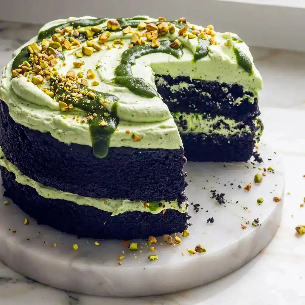 Drizzled pistachio paste over Chocolate Pistachio Cake layers, one of the best recipes with pistachio paste you'll bake this year.