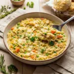 Overhead shot of creamy Chicken Pot Pie Orzo in a skillet, one of the coziest one pot meals for a weeknight table.