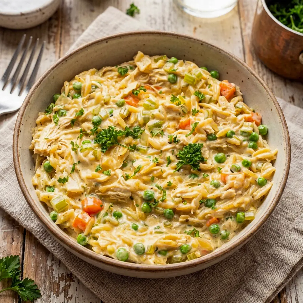 Close-up of a bowl of Chicken Pot Pie Orzo topped with fresh parsley, a satisfying pick among chicken dinner recipes.