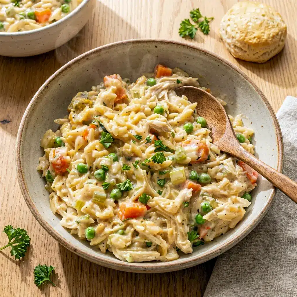 A spoon lifting creamy Chicken Pot Pie Orzo from the skillet, served alongside biscuits for a comforting chicken dinner.