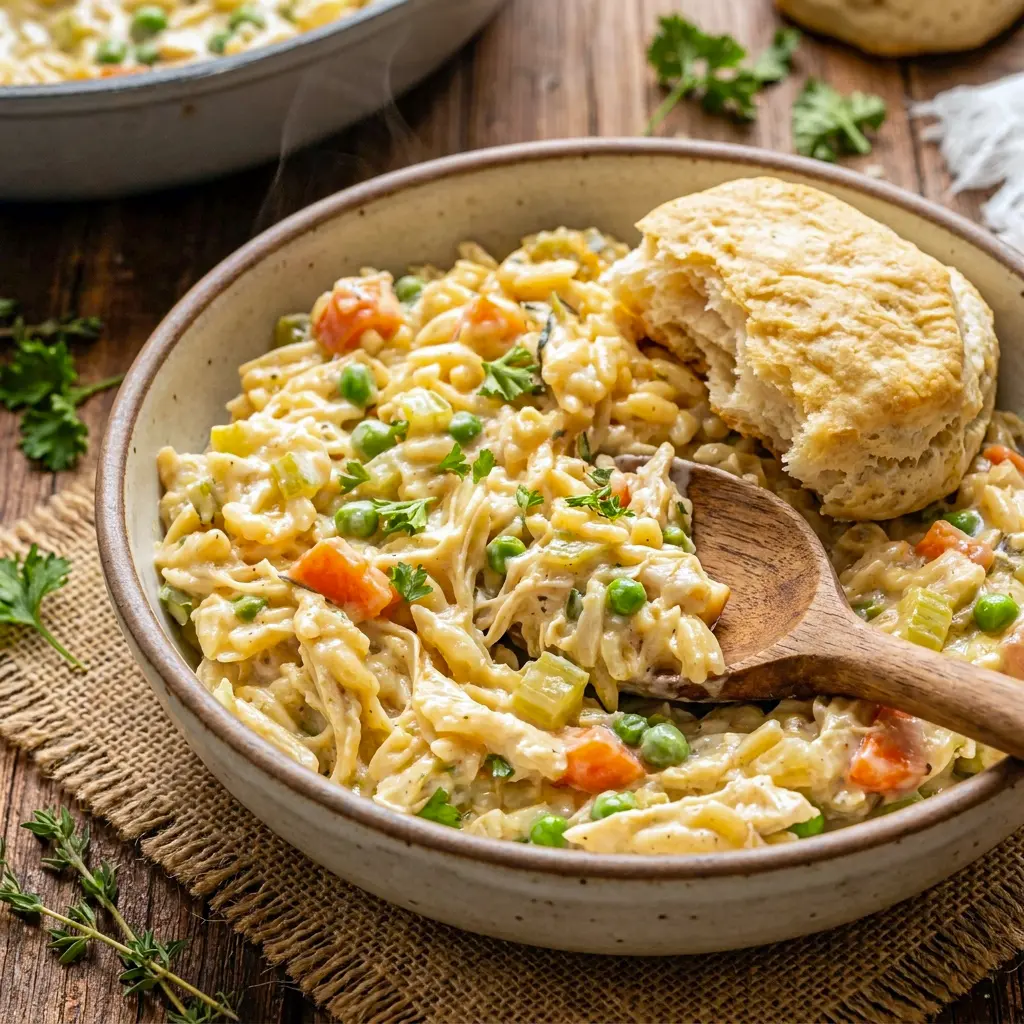 Bowl of Chicken Pot Pie Orzo next to a side salad, proving why this belongs on any list of go-to pasta dishes.