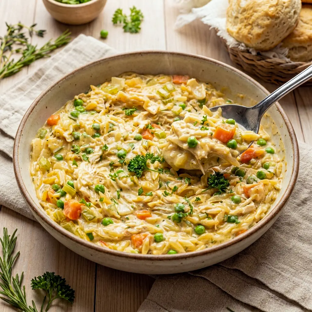 Overhead shot of creamy Chicken Pot Pie Orzo in a skillet, one of the coziest one pot meals for a weeknight table.