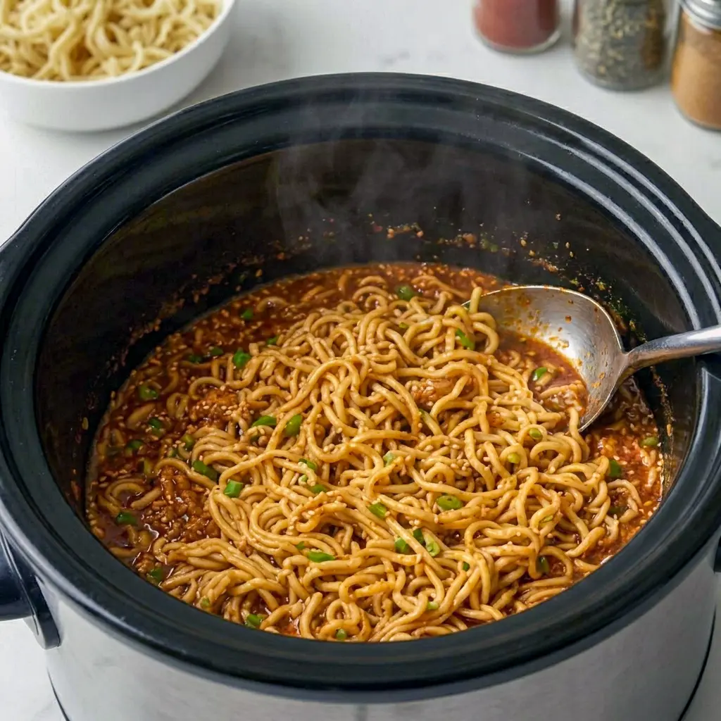 A bowl of glossy noodles and shredded chicken showcases Crockpot Honey Garlic Chicken With Noodles, one of those Different Crockpot Recipes everyone will want to try.