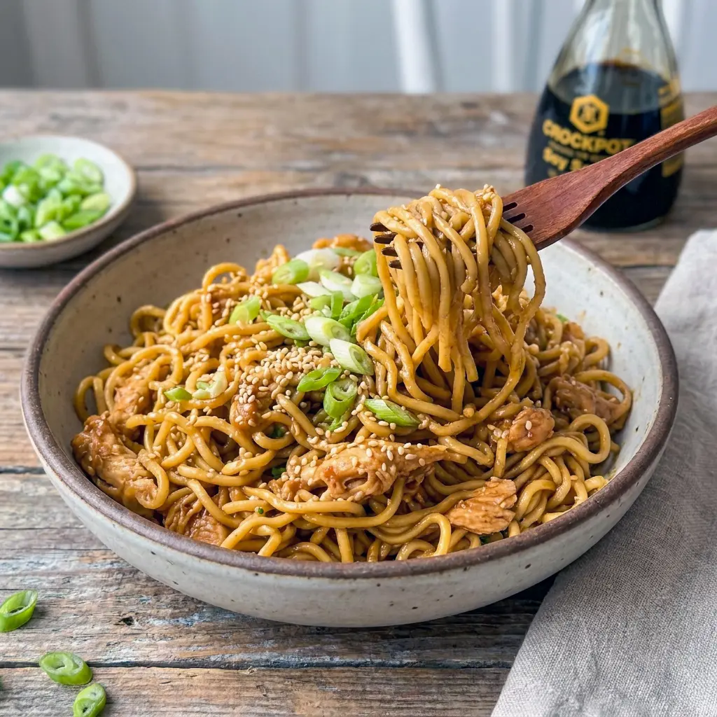This comforting bowl of Crockpot Honey Garlic Chicken With Noodles is a simple Slow Cooker One Pot Meals idea for busy weeknights.