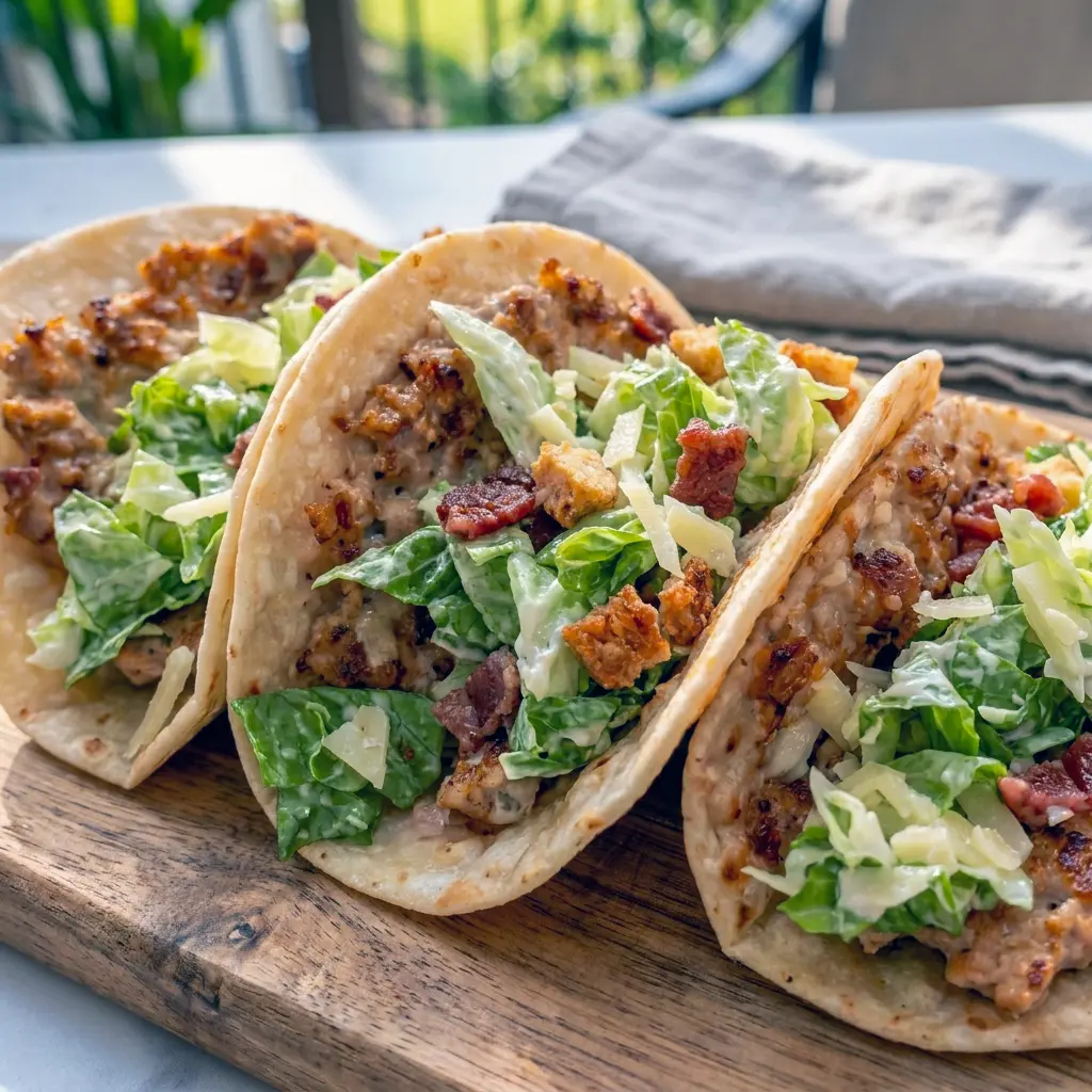 Chicken Caesar Smash Tacos layered with crunchy lettuce, Parmesan, and bacon on golden tortillas, a fun idea for creative Taco Recipes.