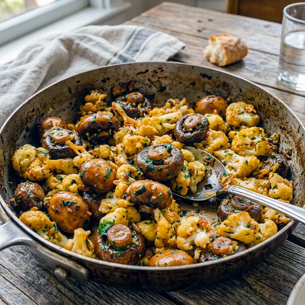 Overhead shot of Garlic Mushrooms Cauliflower Skillet with fresh parsley, one of the best Cauliflower And Mushroom Recipes around.
