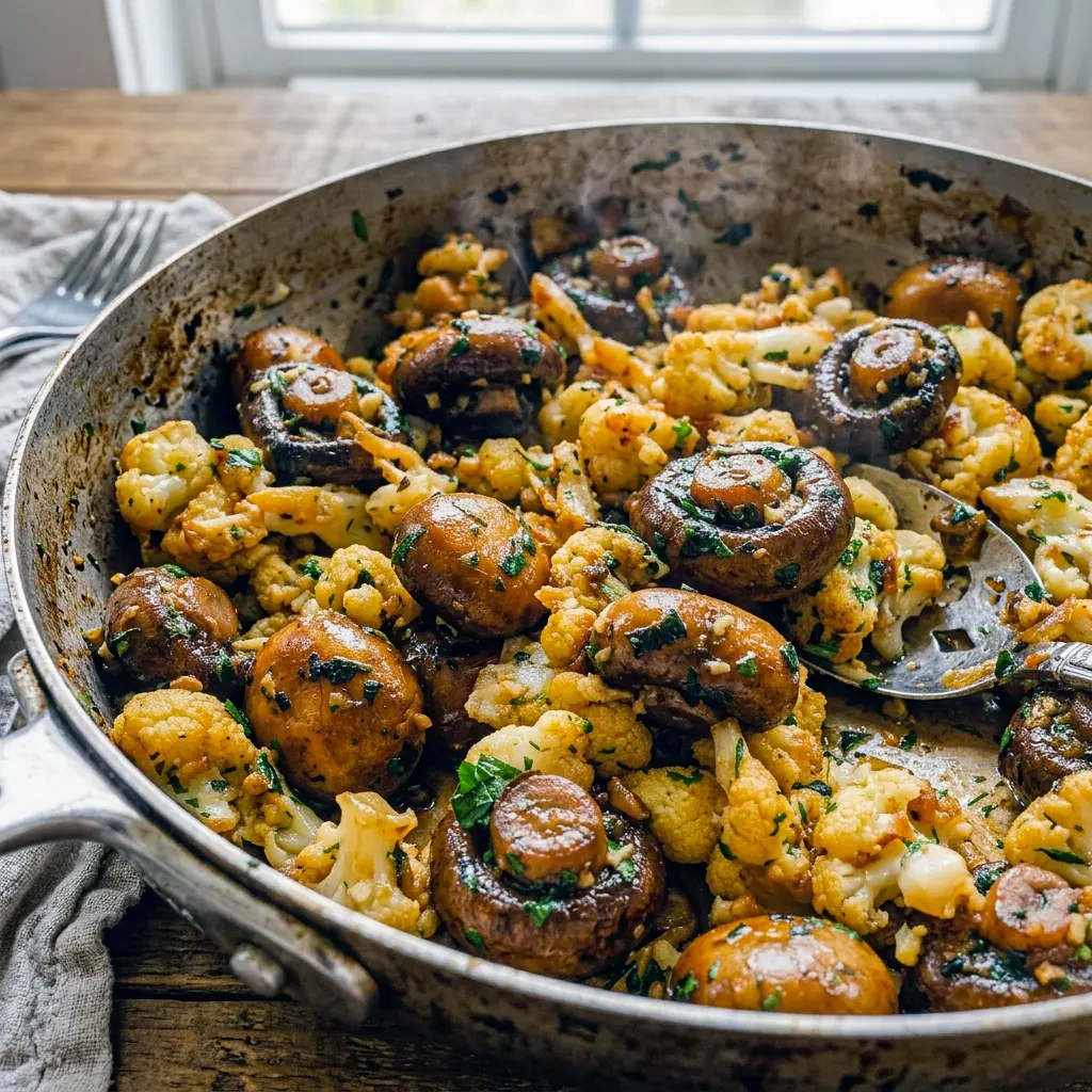 Close-up of chunky mushrooms in Garlic Mushrooms Cauliflower Skillet, showing off this rich Garlic Butter Mushrooms And Cauliflower dish.