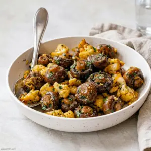 Golden, browned Garlic Mushrooms Cauliflower Skillet fresh off the stove, a hearty Mushroom & Cauliflower Side Dish.