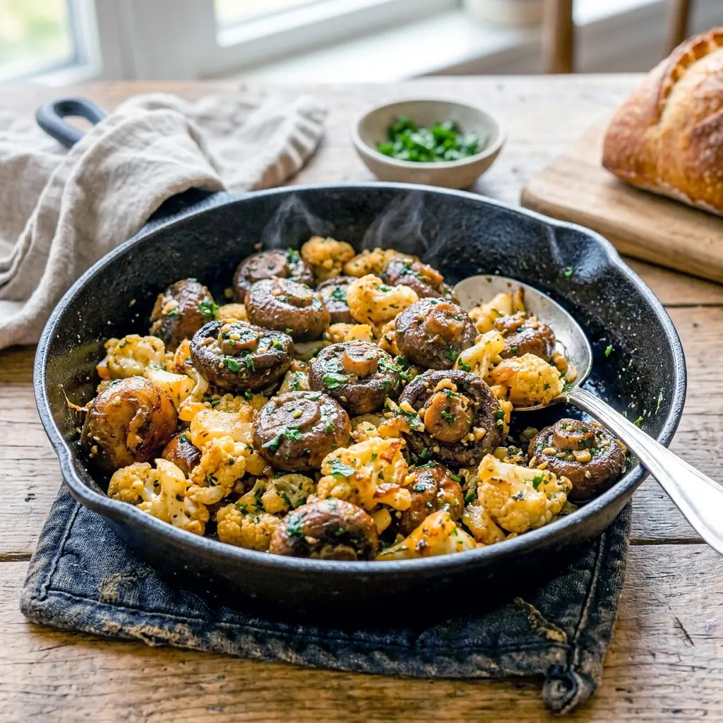 A skillet of Garlic Mushrooms Cauliflower Skillet ready to serve, an easy addition to your rotation of Mushrooms Cauliflower Recipes.