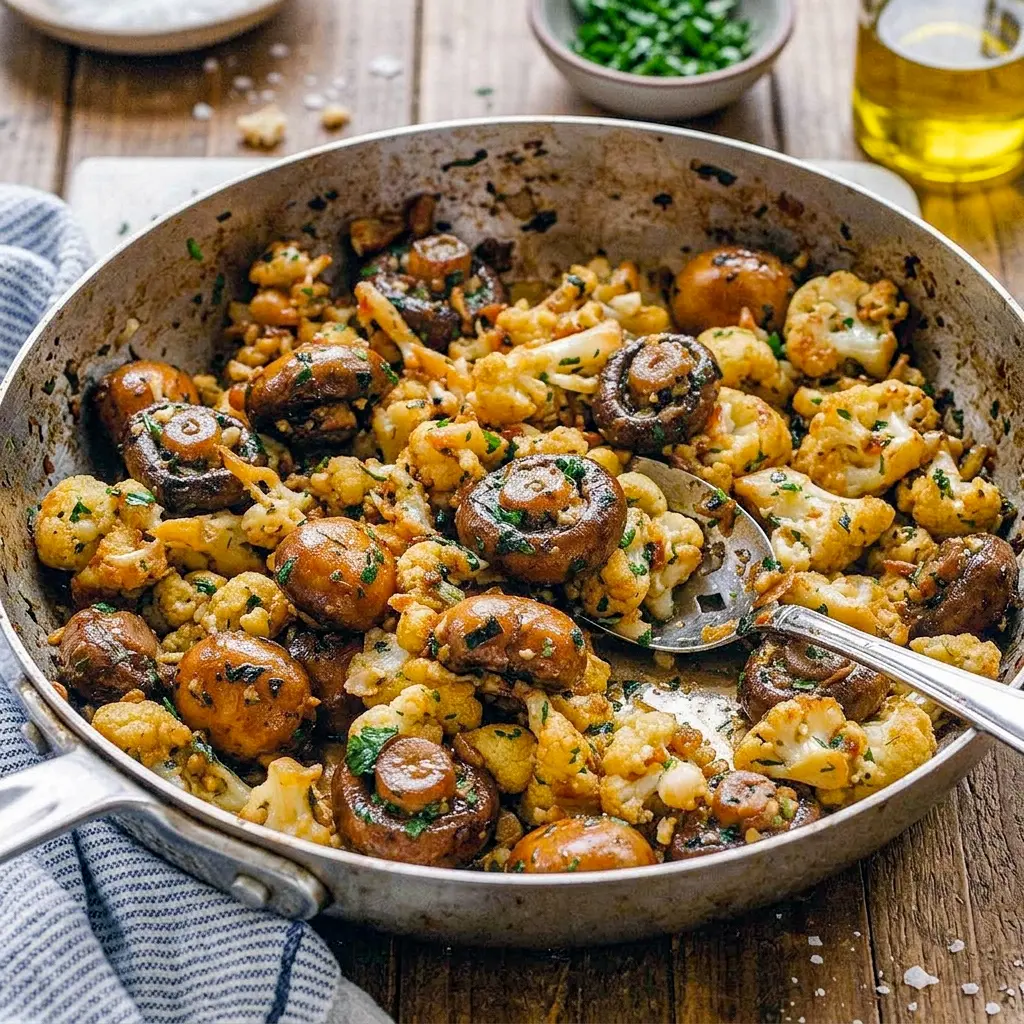 Plated Garlic Mushrooms Cauliflower Skillet alongside a protein, a flavorful Cauliflower Mushroom Skillet for any dinner.