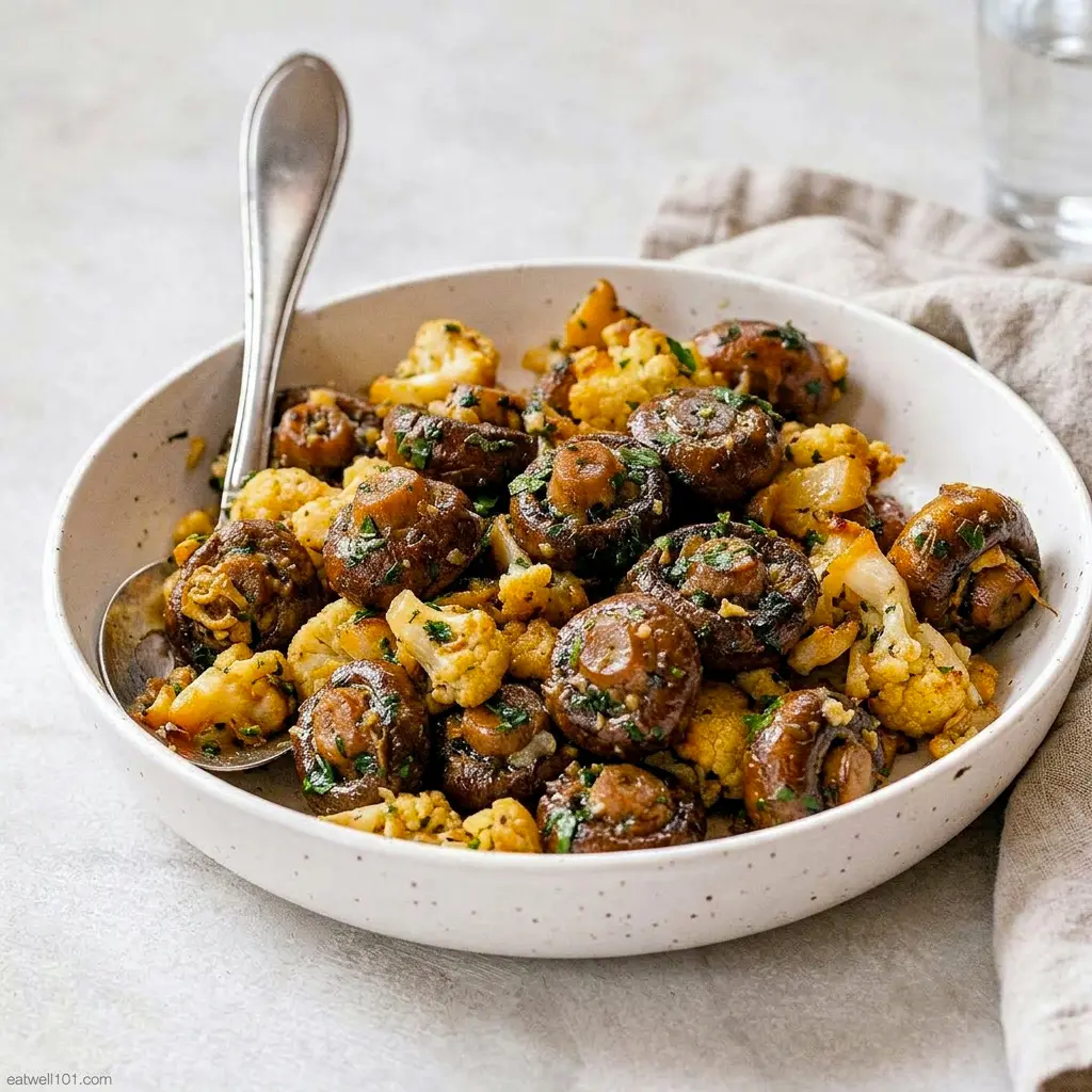 Golden, browned Garlic Mushrooms Cauliflower Skillet fresh off the stove, a hearty Mushroom & Cauliflower Side Dish.