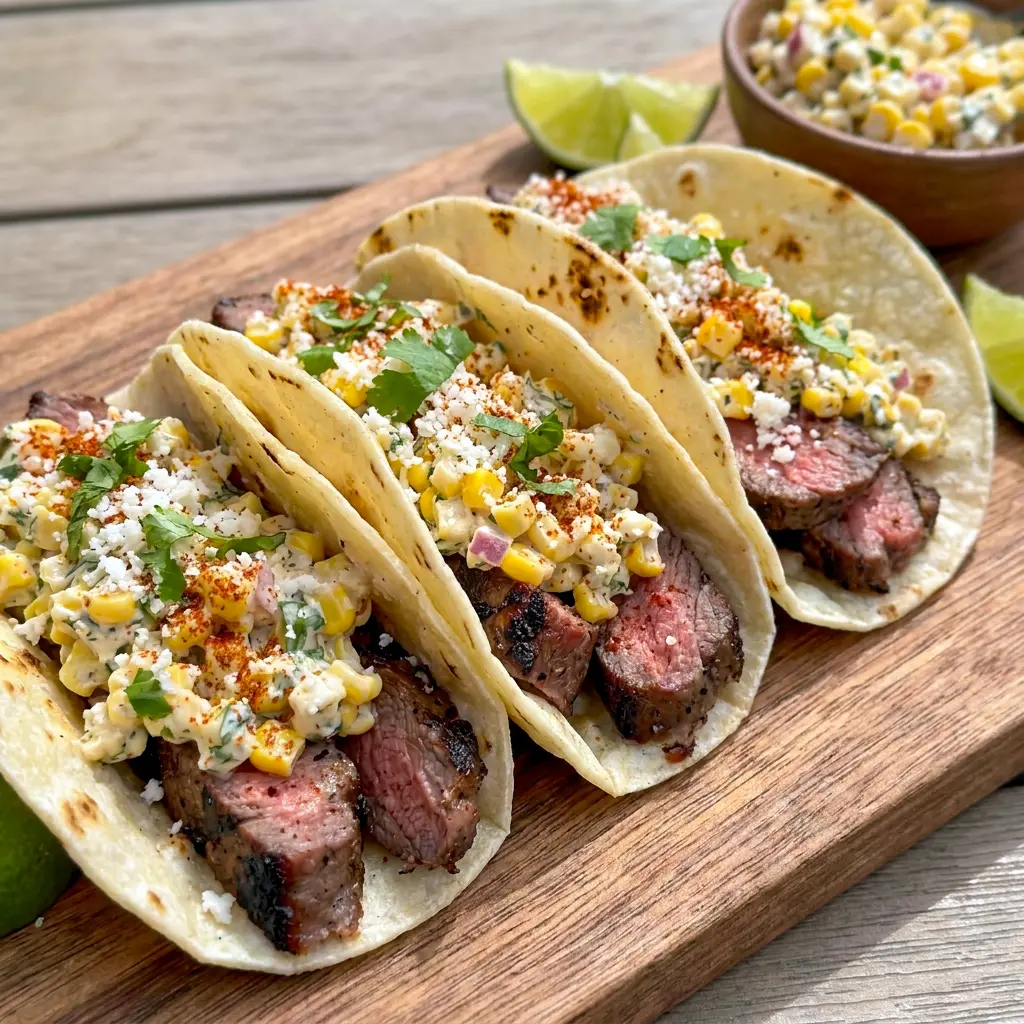 Sliced ribeye and charred corn piled on tortillas for Grilled Steak Elote Tacos, a smoky pick among smoked meat taco ideas.