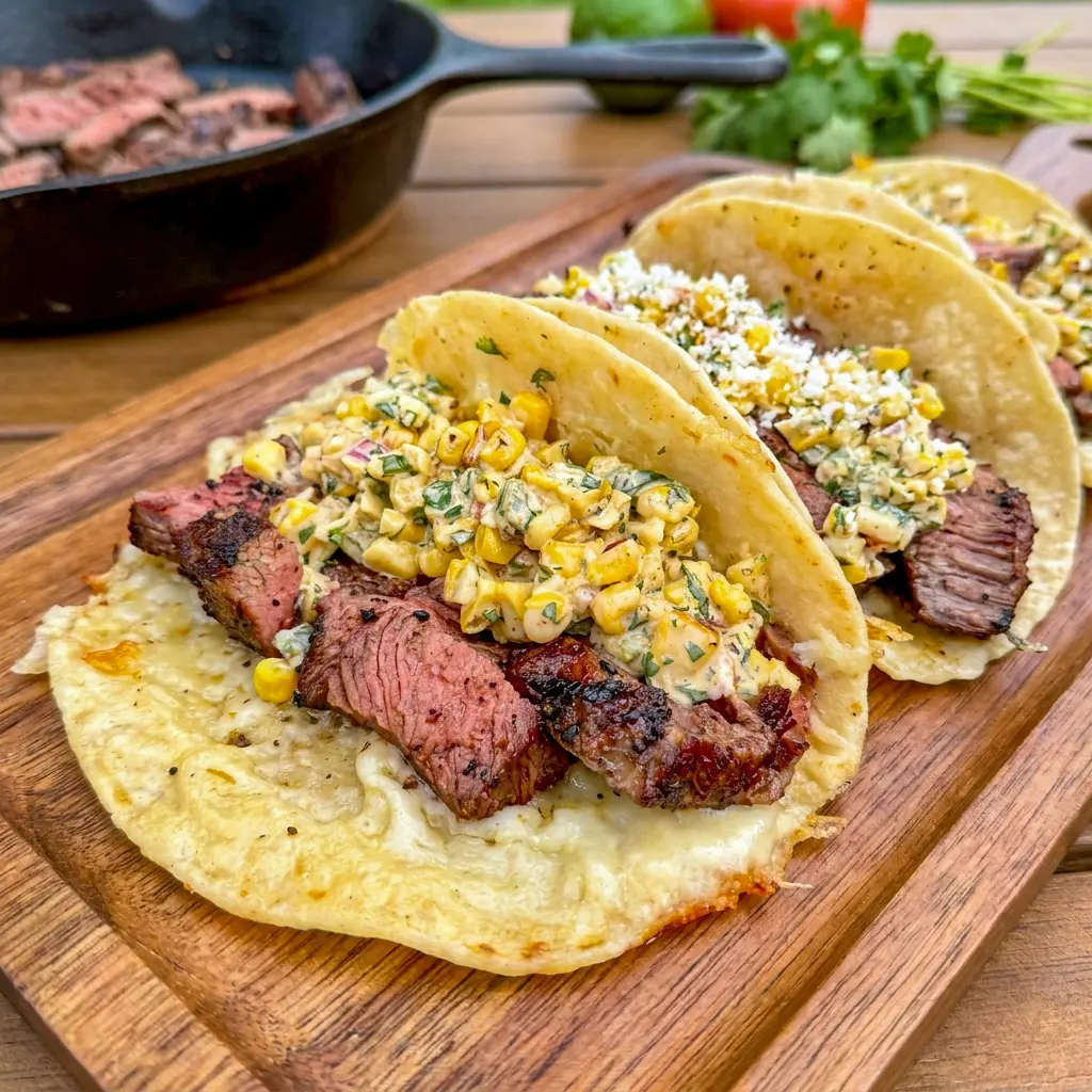 Overhead shot of Grilled Steak Elote Tacos on a platter with lime wedges, made easily as traeger tacos on a pellet grill.