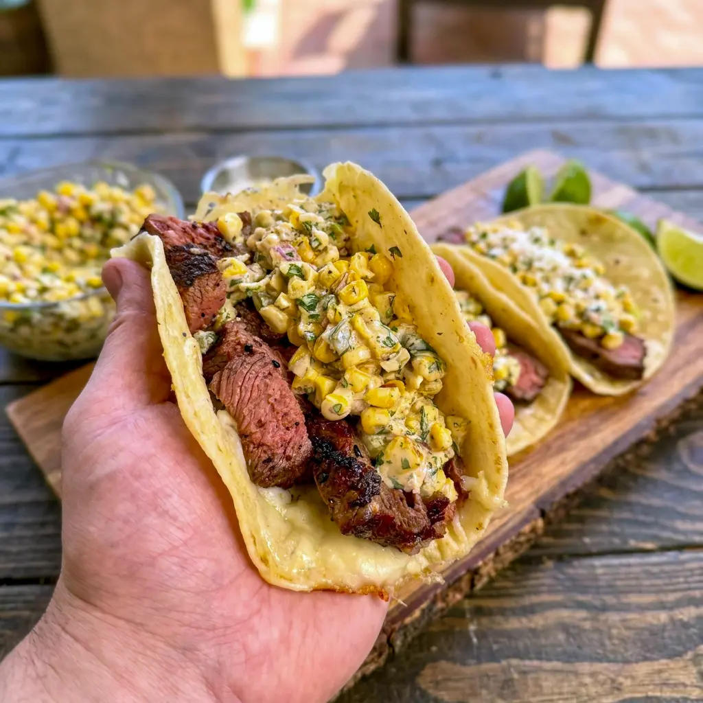 Close-up of Grilled Steak Elote Tacos topped with cotija cheese and cilantro, ideal for your next steak taco night.