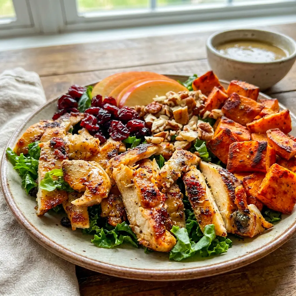 Overhead shot of Harvest Chicken Bowls with Maple Dijon Dressing with sliced apple and kale, perfect for Easy Fall Dinners.