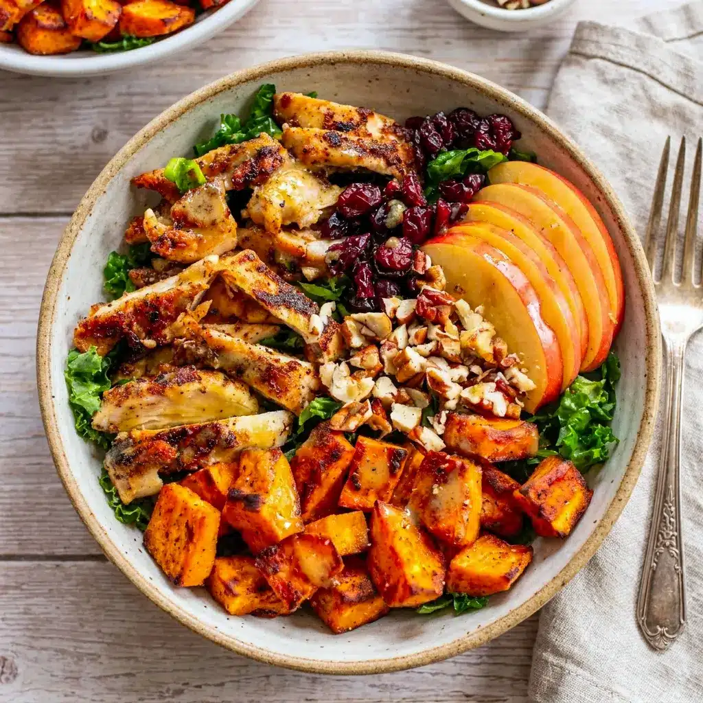 Close-up of chicken and sweet potatoes in Harvest Chicken Bowls with Maple Dijon Dressing, a hearty Chicken Bowl option.