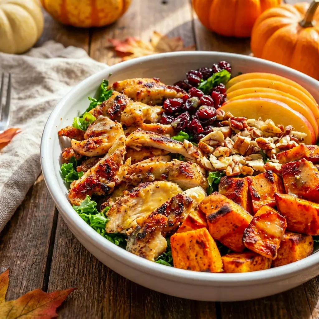 Dressing being drizzled over Harvest Chicken Bowls with Maple Dijon Dressing, made with a simple Dijon Dressing Recipe.