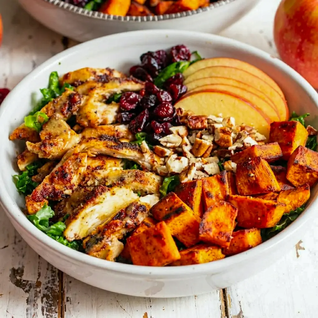 Meal-prepped containers of Harvest Chicken Bowls with Maple Dijon Dressing, ideal for easy Meal Prep Bowls all week.