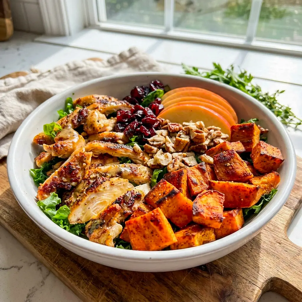 A colorful bowl of Harvest Chicken Bowls with Maple Dijon Dressing topped with pecans and cranberries, a great Harvest Bowl Recipe.