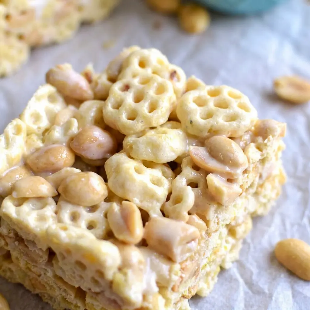 Close-up of Honeycomb Marshmallow Treats showing melted marshmallow and peanuts, one of the best Honey Snacks Easy to make.