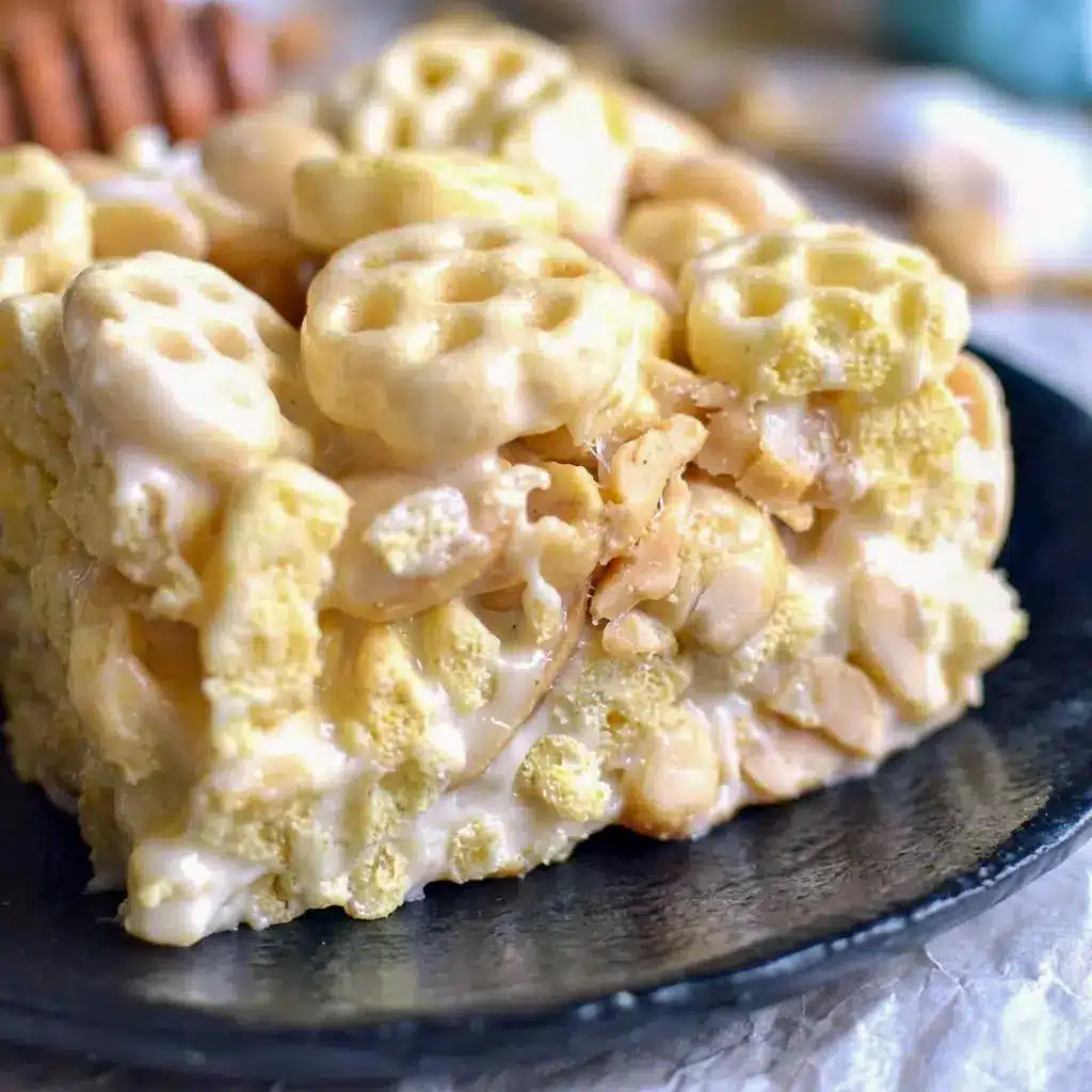 Overhead shot of Honeycomb Marshmallow Treats cut into squares, a great addition to your list of Honeycomb Snack Ideas.