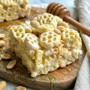 Gooey, golden Honeycomb Marshmallow Treats stacked on a plate, a fun twist on classic Honeycomb Rice Krispie Treats.